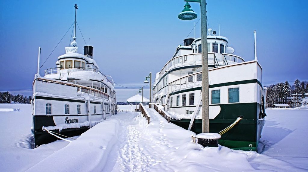 Gravenhurst steamships Segwun and Wenonah in winter and docked