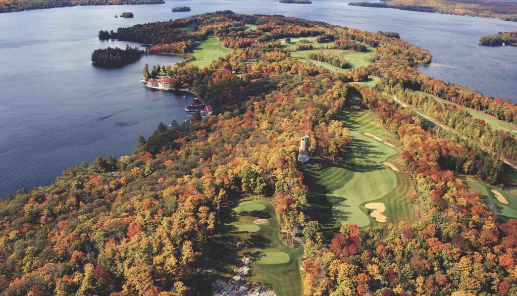 Aerial view of Bigwin Island and golf course on magnificent Lake of Bays