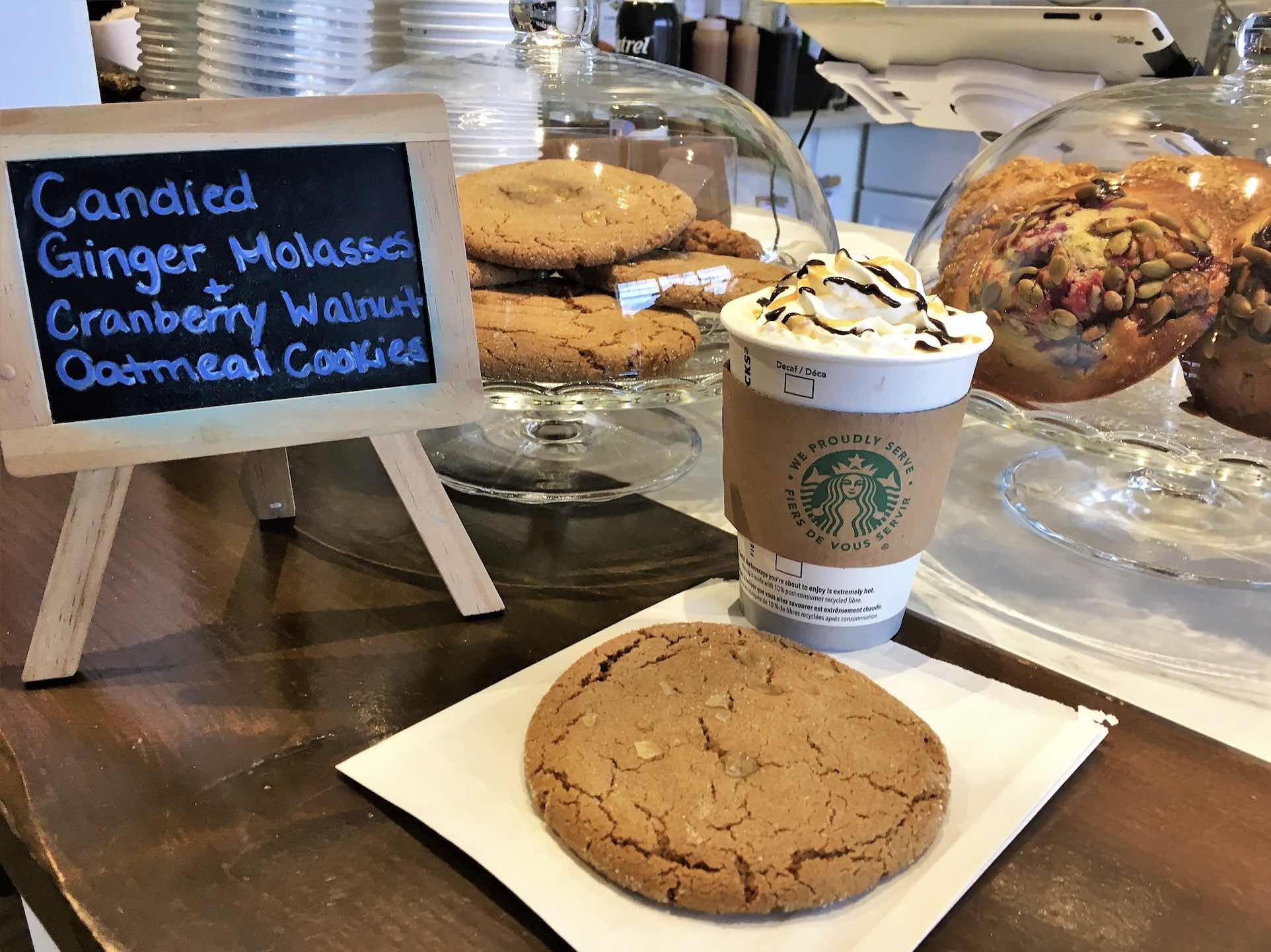 The Wheelhouse Café at The Shipyards Muskoka coffee house showing Starbucks and cookie