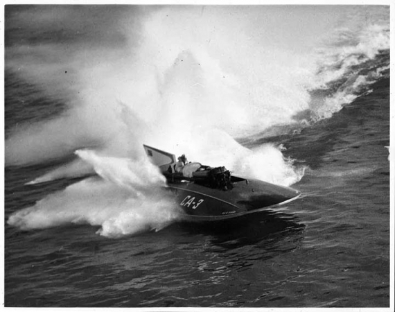 Miss Supertest III shown in an old photo racing across a lake at speed